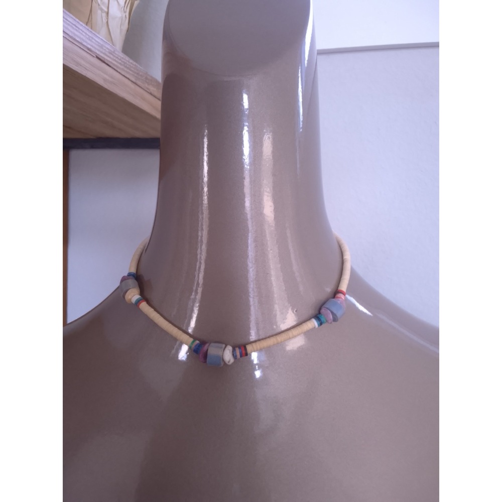 Handmade Heishi Bead Choker Necklace Cream Multi Color Coastal Boho Barrel Clasp